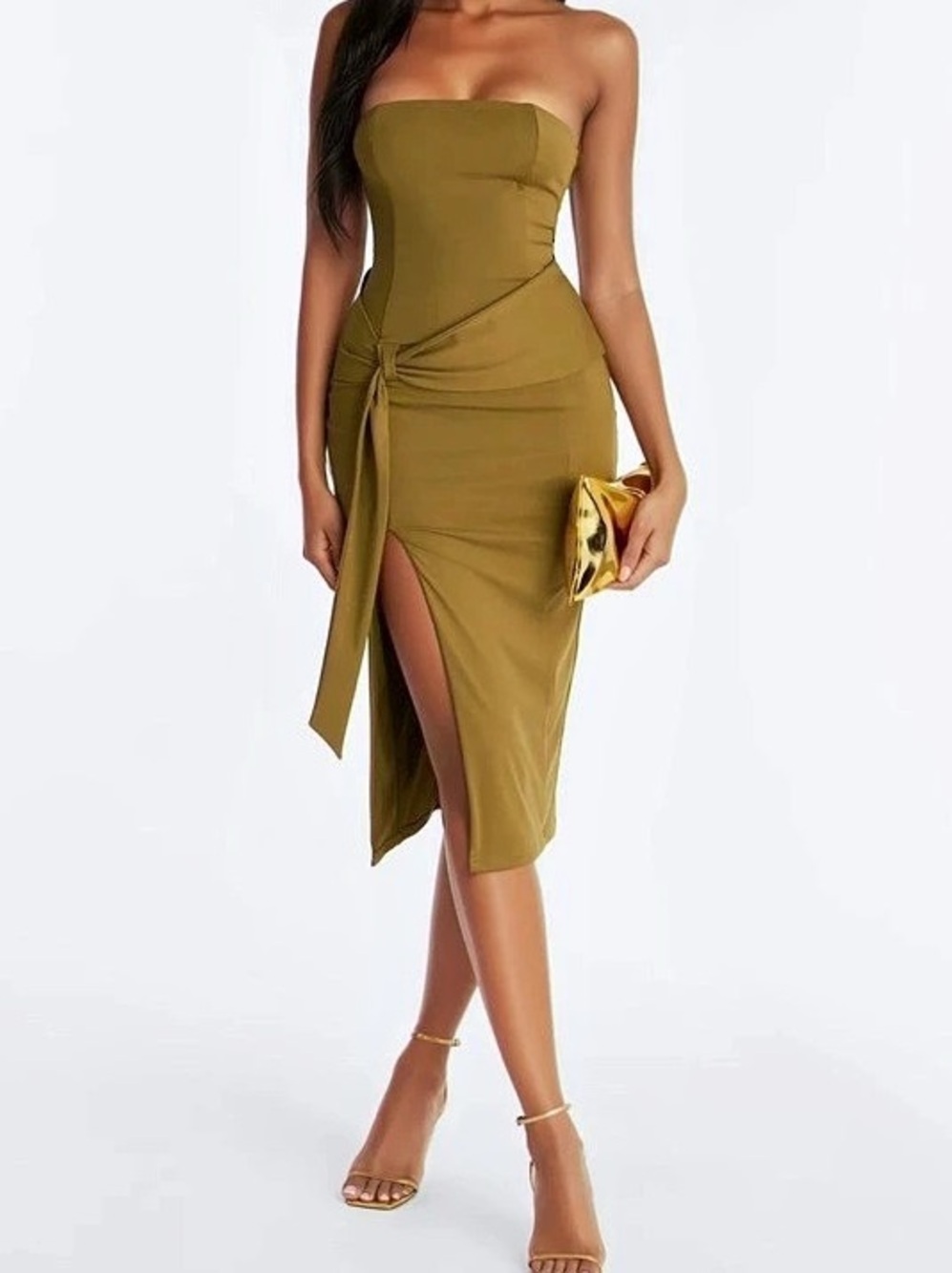 Fashion Nova Vanessa Draped Satin Midi Dress - Olive Size Large Brand New w/ Tag